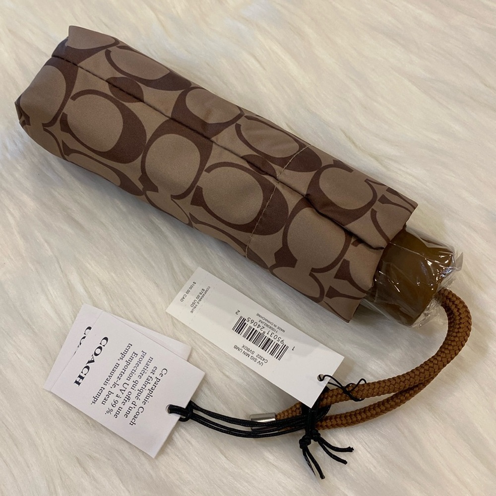 ☔️COACH UV Mini Umbrella, Style C4322, Signature C Dark Khaki / Tan Nylon, NWT